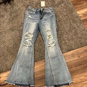 Women's Distressed Flare Jeans - Blue
